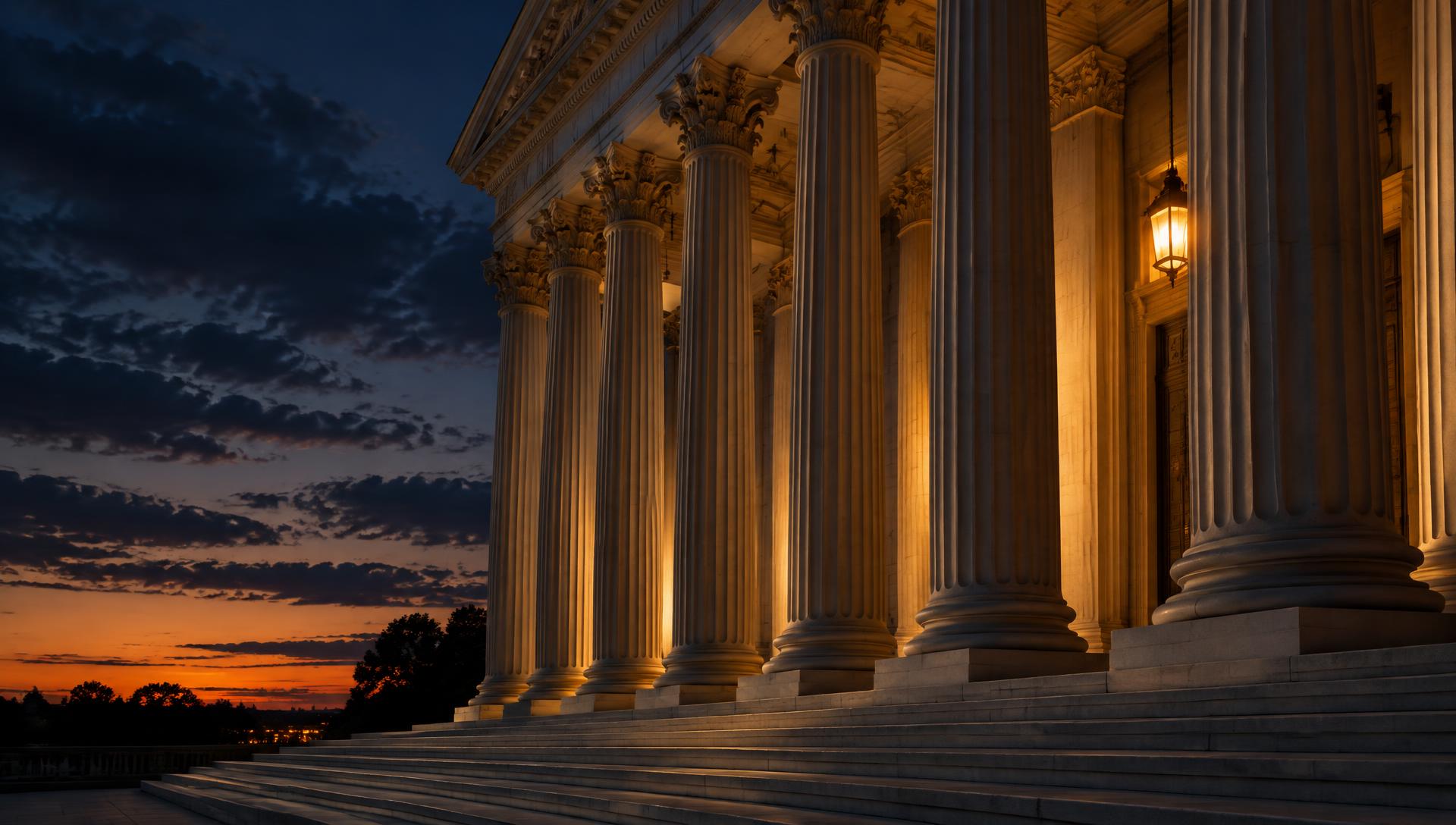 Classical courthouse columns lit at dusk